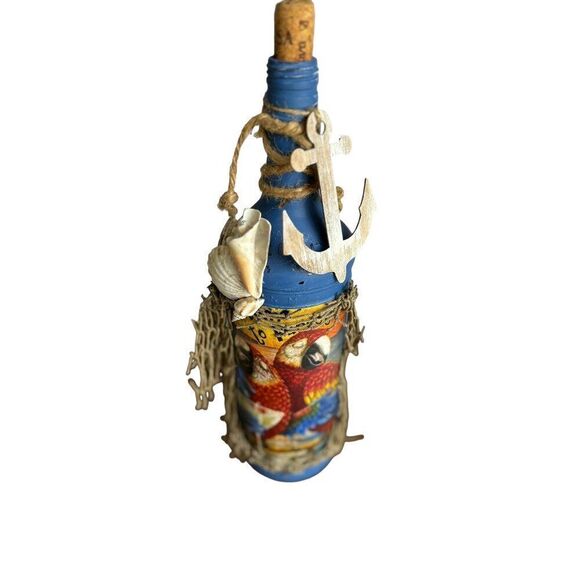 Nautical-Themed Decorative Bottle With Parrot Print & Anchor Accents - Picture 1 of 12